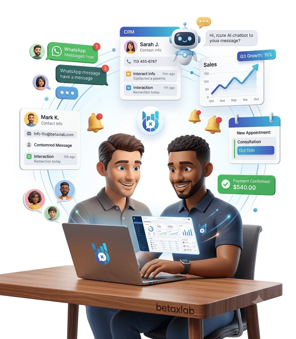 Business owners using BetaXLab WhatsApp CRM to manage leads, AI chatbot, and customer communication