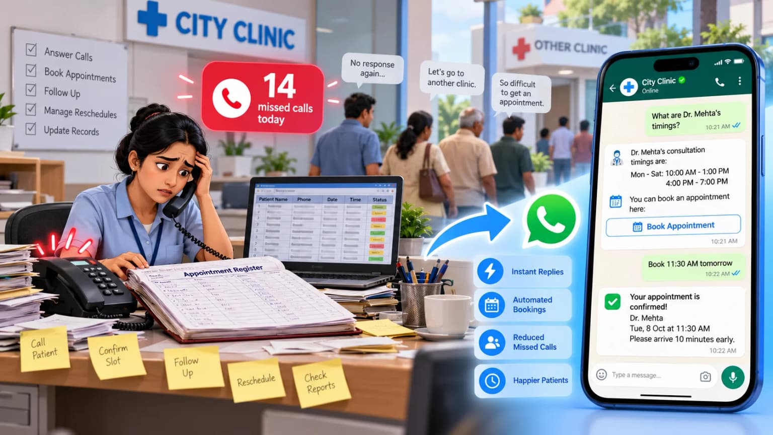 Clinic appointment software replacing manual phone calls, paper registers, and Excel sheets at a busy front desk