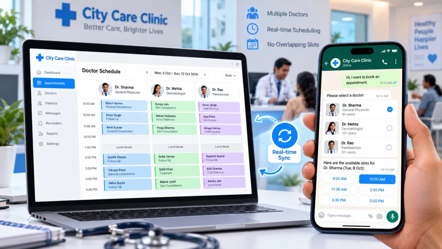 Doctor appointment software showing a real-time multi-doctor calendar and a patient choosing a doctor on WhatsApp