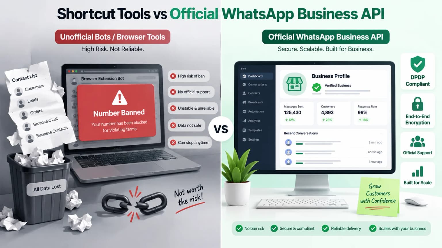 Comparison of banned bulk sender bots vs official API based WhatsApp marketing software India with verified green tick