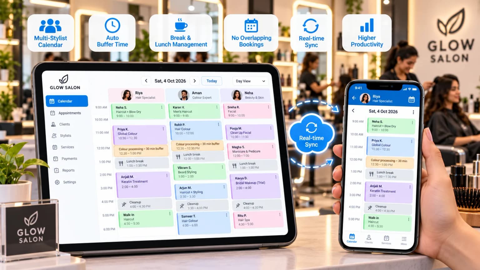 Salon appointment software showing a multi-stylist calendar with buffer time for colour processing and breaks