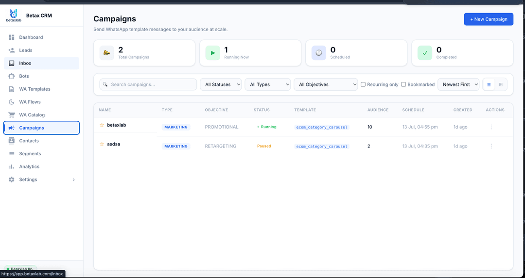 BetaXLab WhatsApp Broadcast Campaign dashboard — audience segmentation and delivery reports