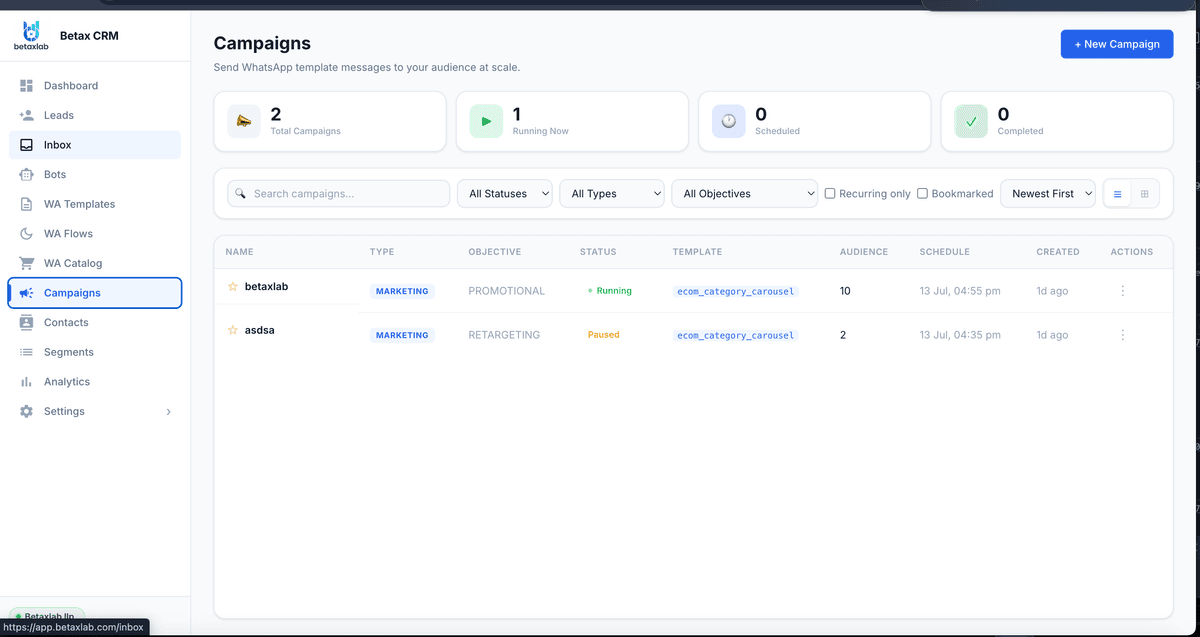 BetaXLab WhatsApp e-commerce campaigns dashboard — marketing and retargeting campaigns with audience, schedule, and template columns