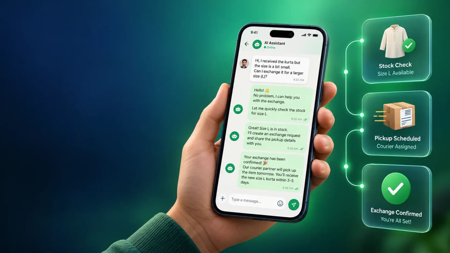 WhatsApp AI agent processing a customer order exchange request