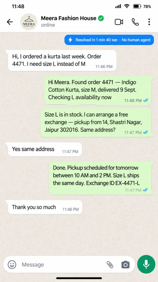 WhatsApp AI agent resolving a size exchange without a human agent