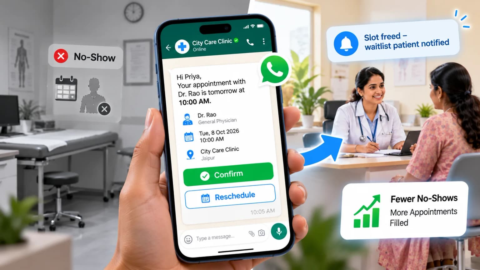 WhatsApp appointment reminder with Confirm and Reschedule buttons reducing patient no-shows at a clinic