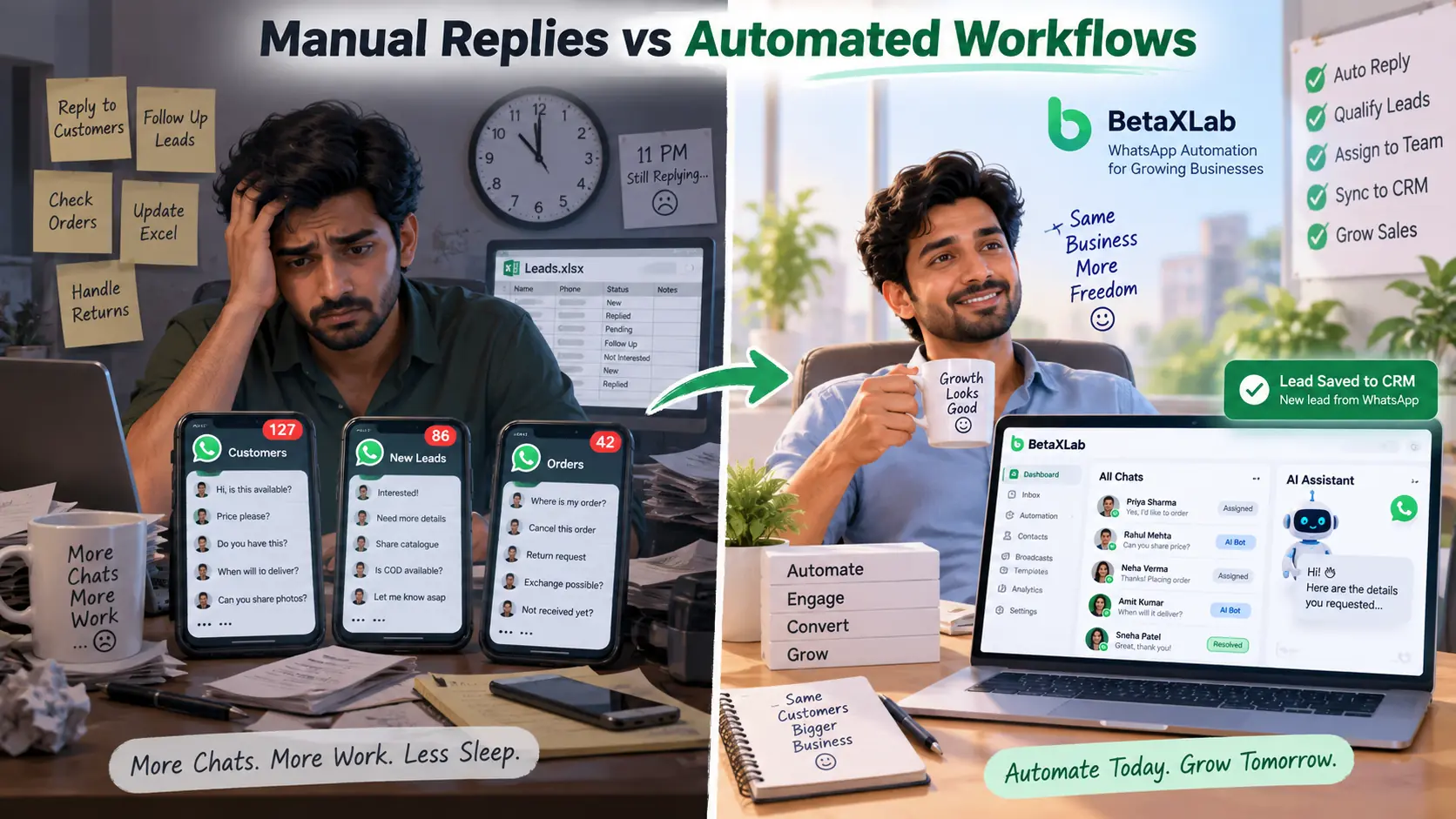 Before and after using a WhatsApp automation agency India, from manual chat handling to automated CRM workflows