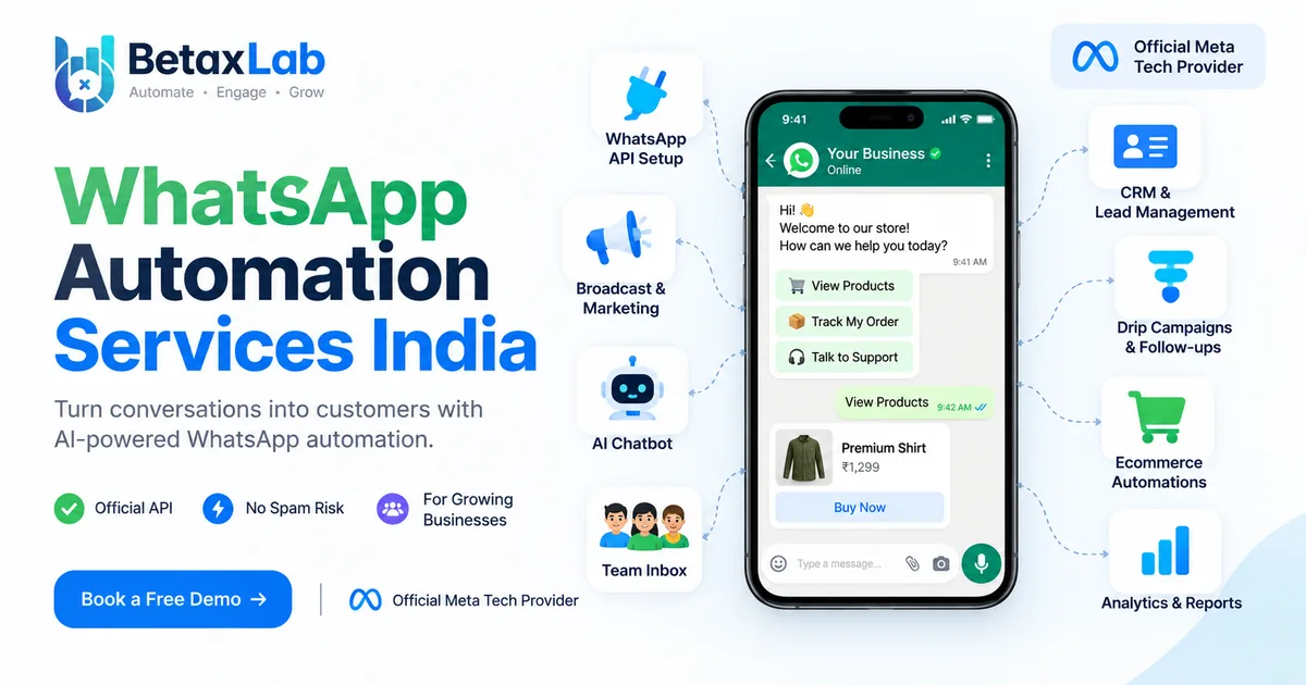 WhatsApp automation services India including API setup, AI chatbot, CRM, broadcasts and ecommerce automation