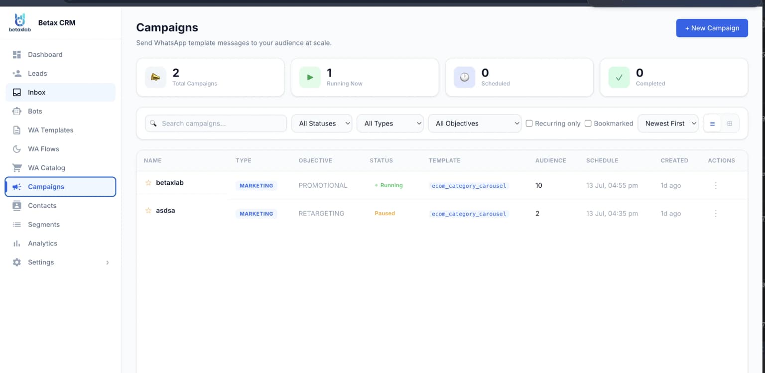 BetaXLab WhatsApp broadcast campaigns dashboard showing a running marketing campaign and a paused retargeting campaign with audience size and template