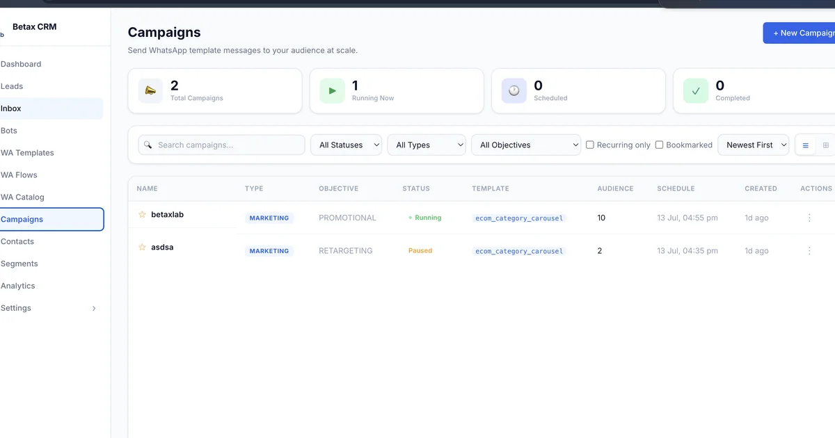 WhatsApp broadcast campaign dashboard showing delivery and open rates
