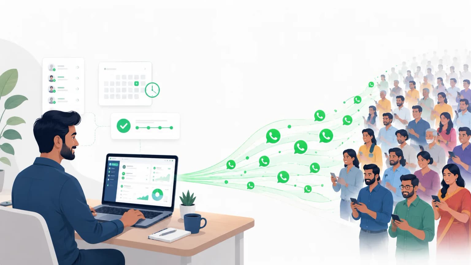 WhatsApp bulk sender broadcasting messages from a business dashboard to a large crowd of Indian customers