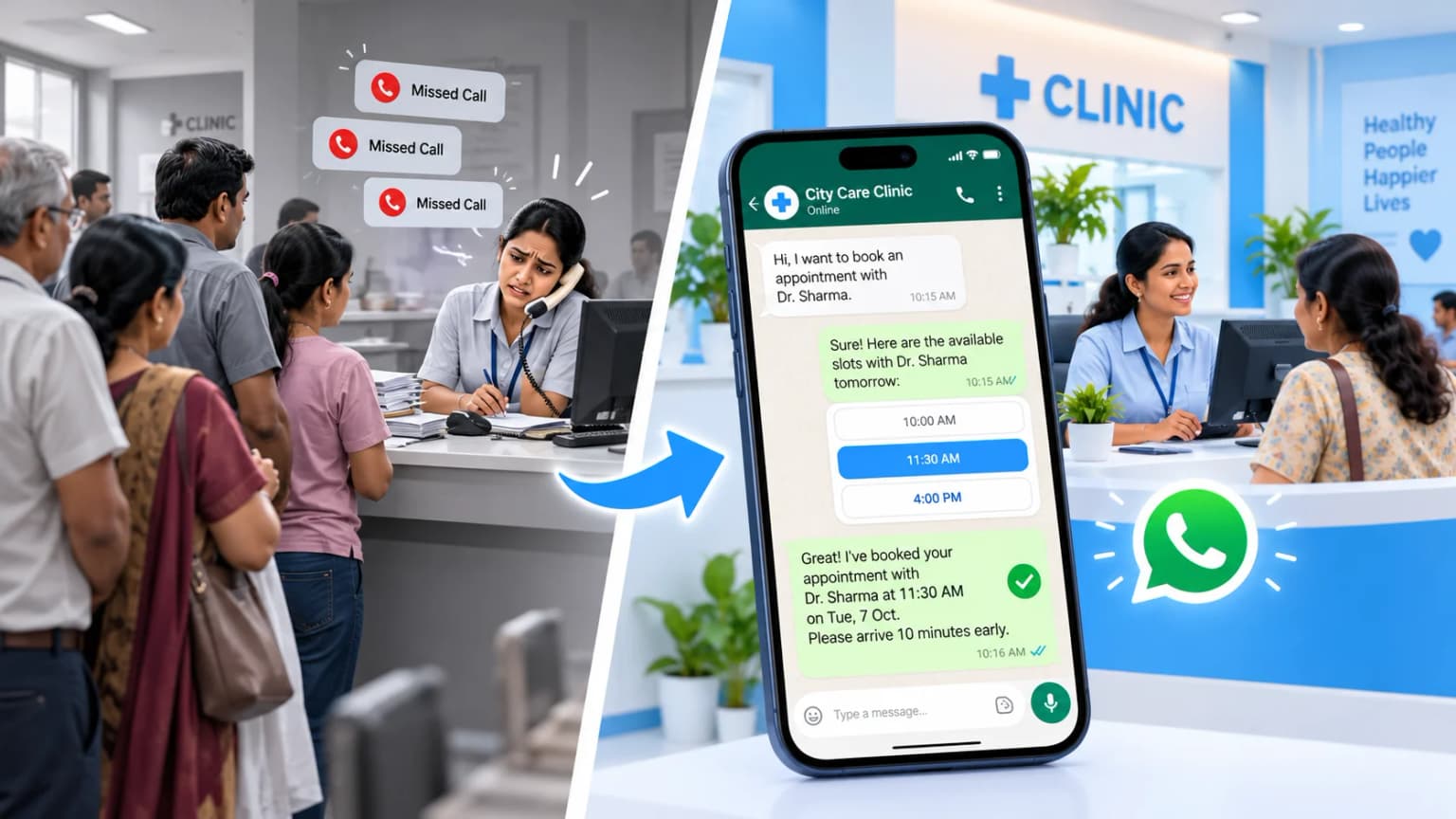 WhatsApp clinic appointment software booking patients automatically while a calm Indian clinic reception runs smoothly