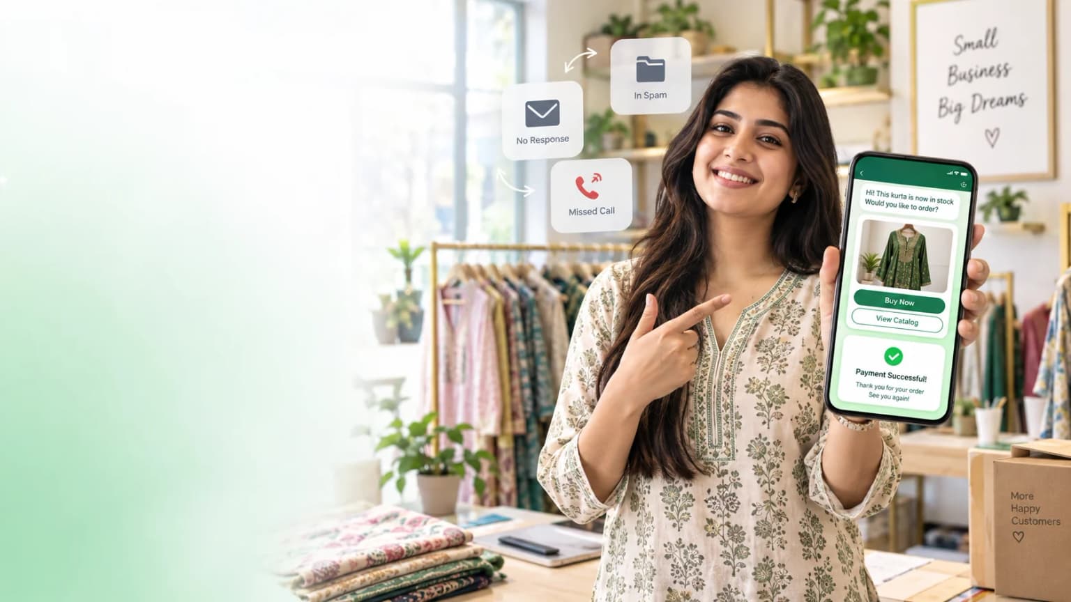 WhatsApp marketing software India showing product chat, quick-reply buttons and UPI payment on a phone