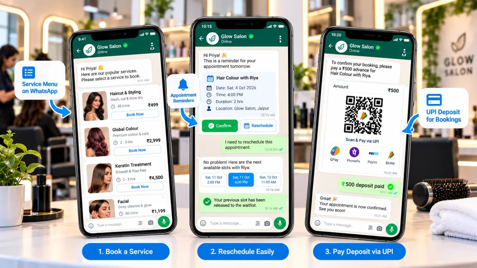 WhatsApp salon booking chat showing a service menu, reschedule button, and UPI deposit for a hair treatment
