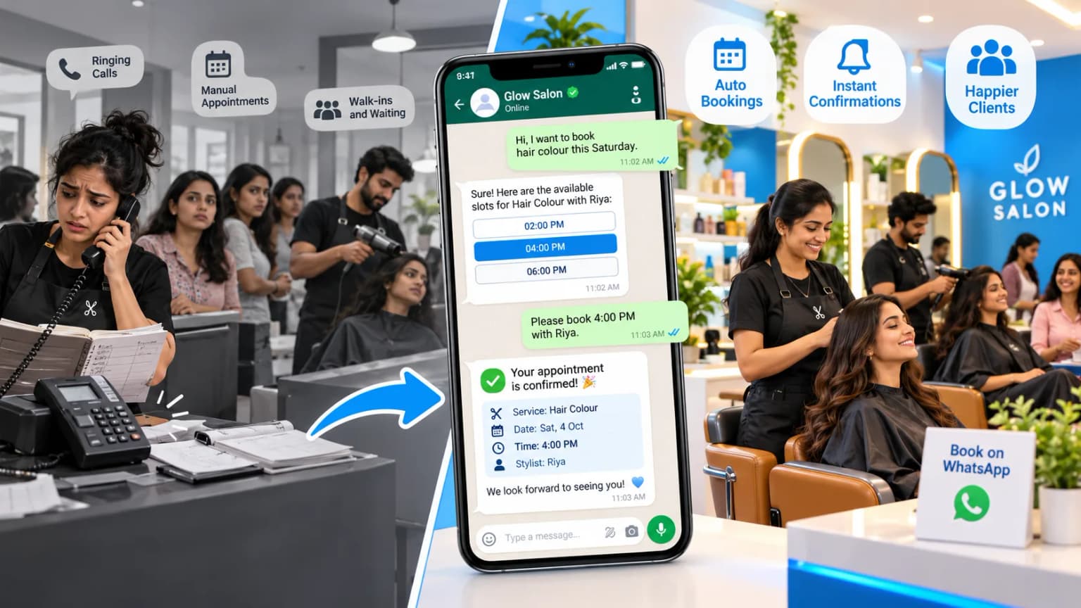 WhatsApp salon booking software confirming a client appointment while stylists work calmly in an Indian salon